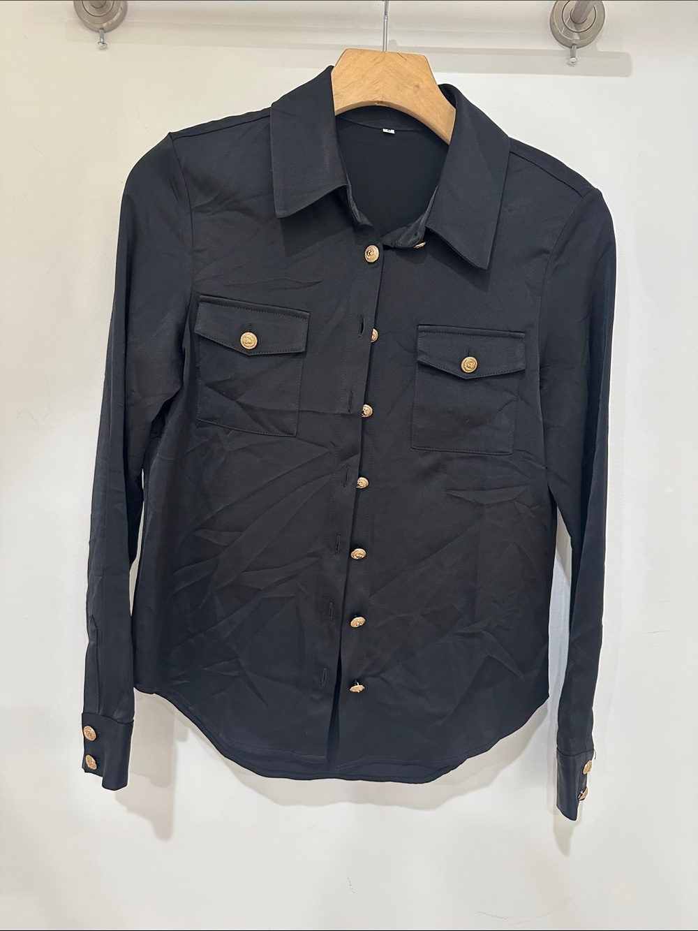 Men's Black Button-Front Shirt with Gold Buttons